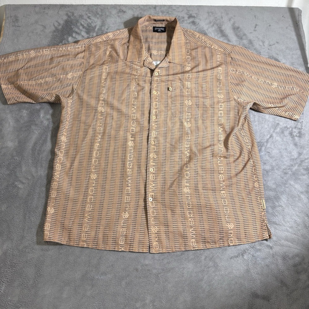 Rocawear Shirt Mens Big 2X Brown Allover Logo Stripe Button Up Short Sleeve